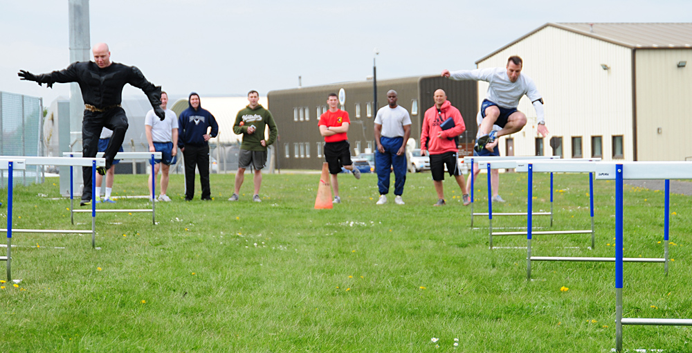 The dreaded hurdle track. In high-school I couldn't jump over even one of these without knocking it down.