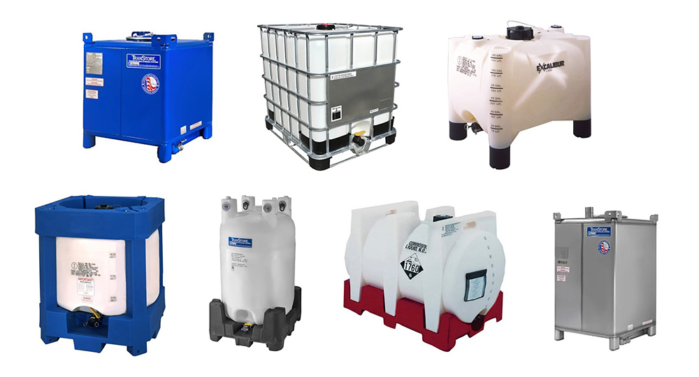 Various types of IBC tanks. The ones I've seen (and which I believe are most used by preppers) are the type in the middle of the top row. The metal frame comes with the tank.